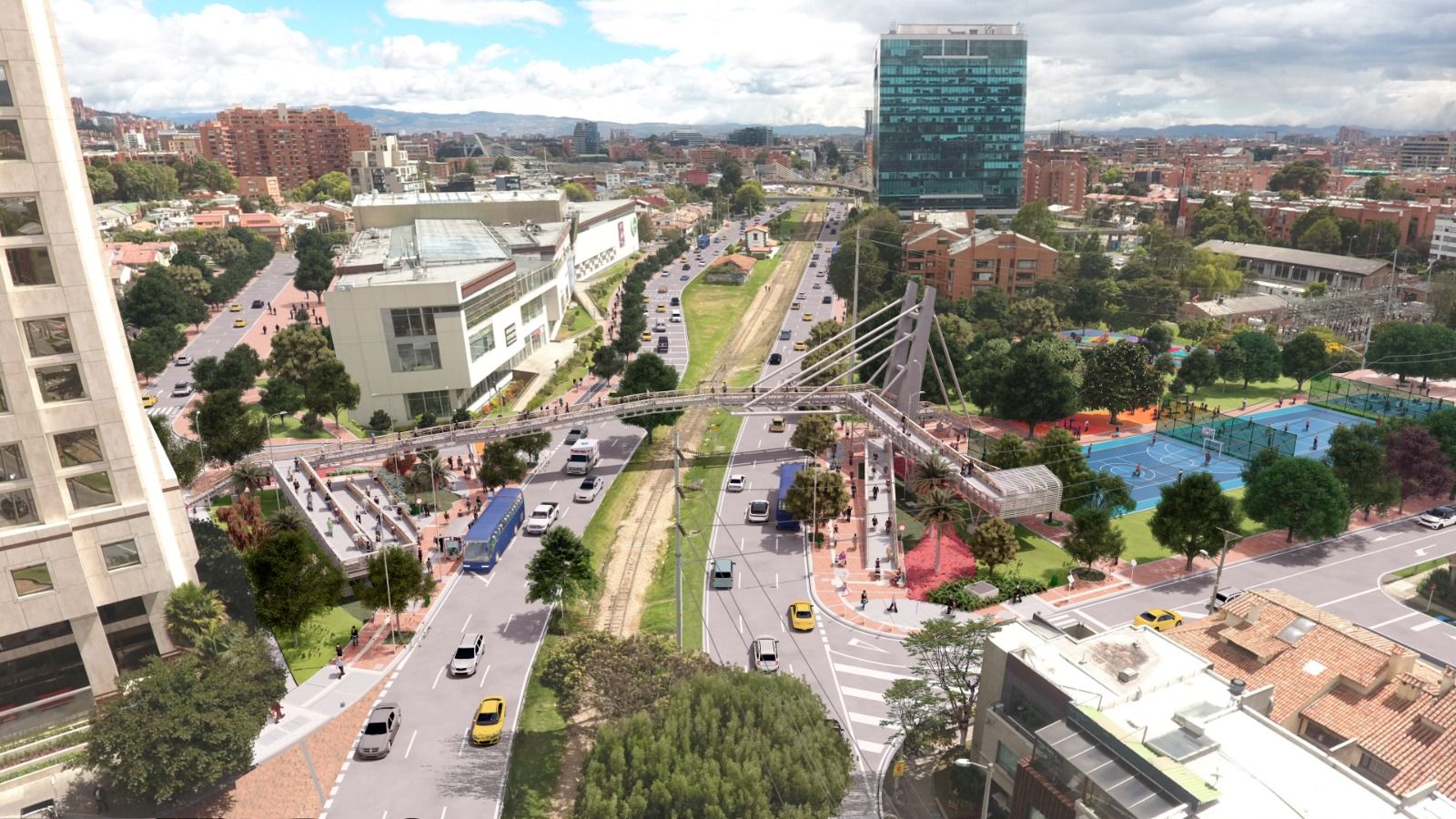 Render del puente peatonal de aproximadamente 7 mestros de alto que a travesará la carrera Novena a la altura de la calle 112