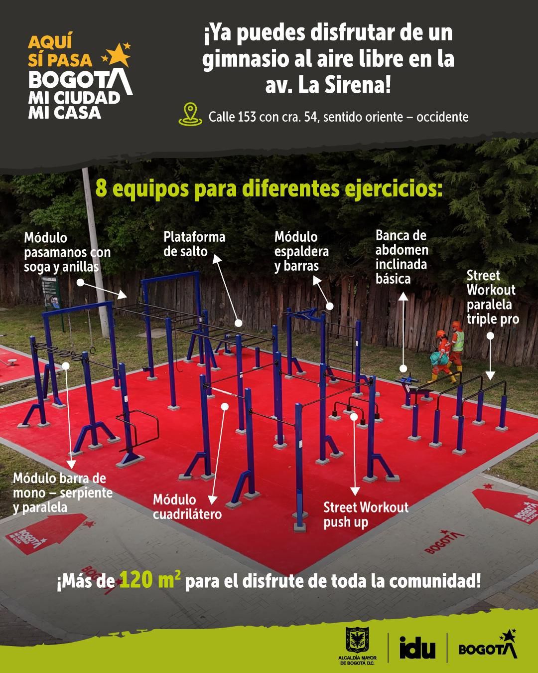 El gimnasio, de fabricación colombiana, cuenta con ocho equipos para diferentes ejercicios cardiovasculares, de fuerza y flexibilidad, contribuyendo a la prevención de enfermedades y al control del peso.